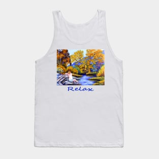 Woman girl on rocks relaxing watching the river flow zen yoga buddhism Tank Top